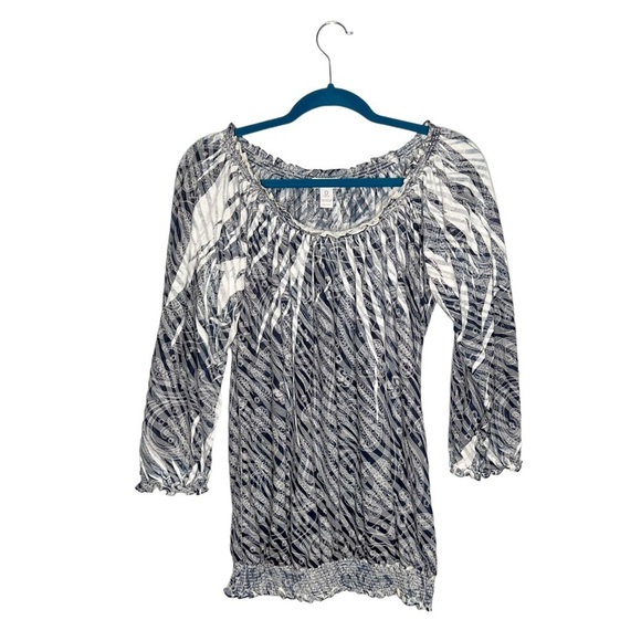 Chico’s Off The Shoulder Sublimation Paisley Striped Smocked Hem Blouse - Picture 2 of 12